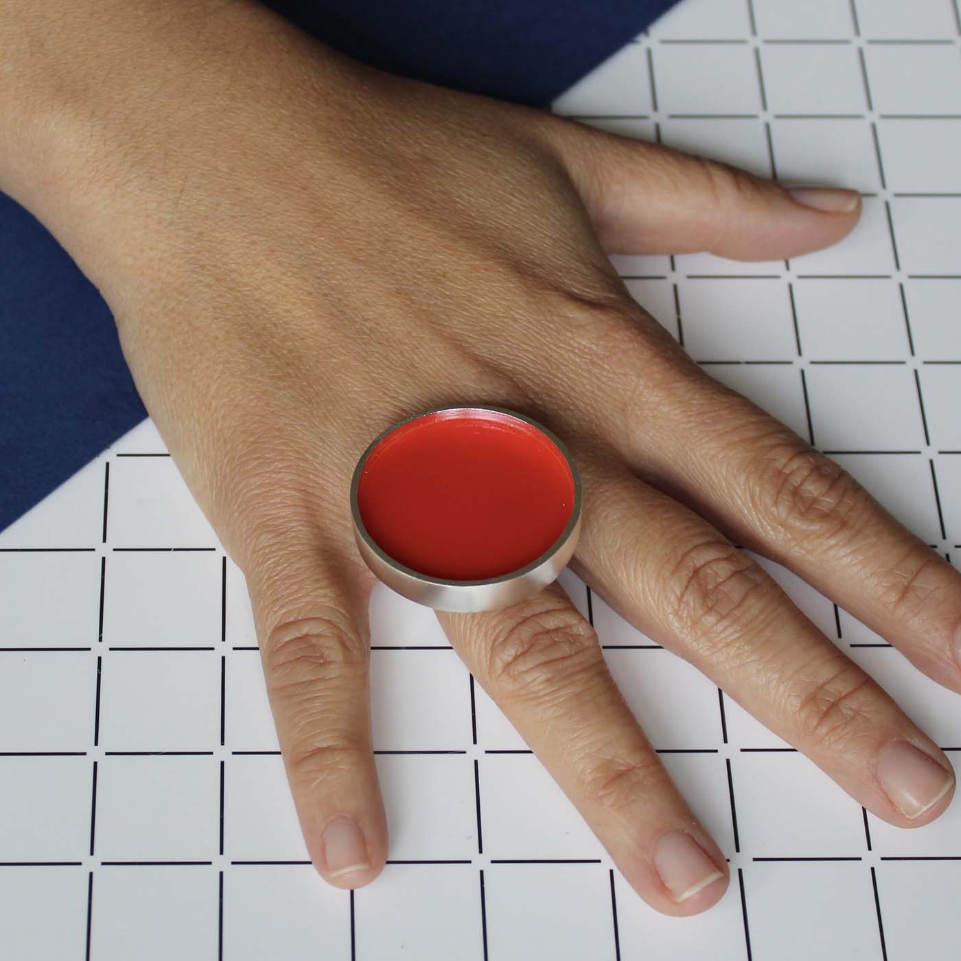 Circle Ring in Sterling Silver with Red Acrylic